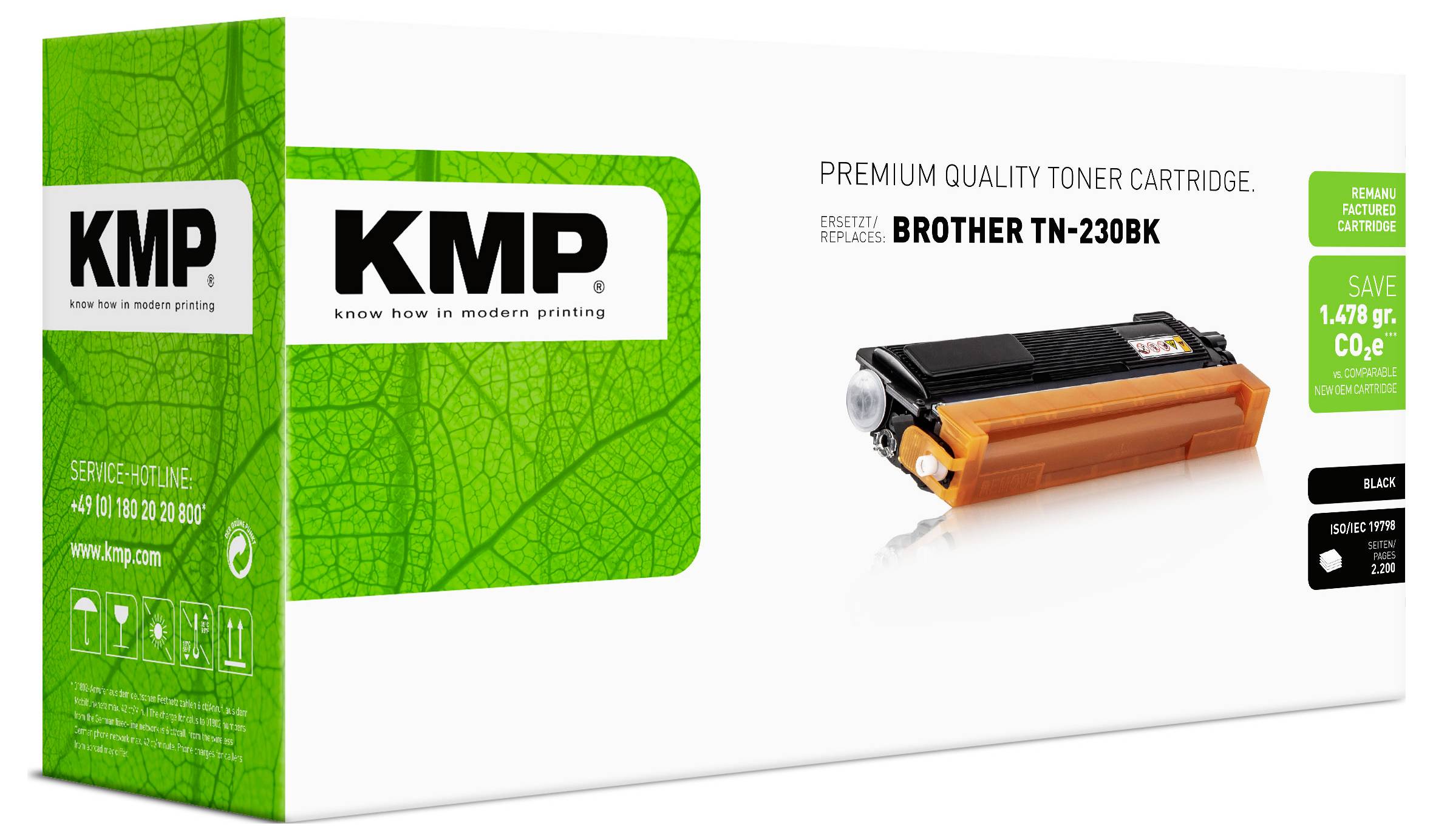 KMP Premium-Qualität Tonerkassette Karton für Brother TN-230BK, dargestellt mit grüner Verpackung und orange-schwarzem Kartuschenabbild.