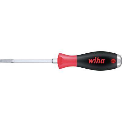 Ein Flachkopfschraubenzieher mit schwarz-rotem Griff mit der Aufschrift „wiha" und einer Metallschafte, die nach links verläuft.