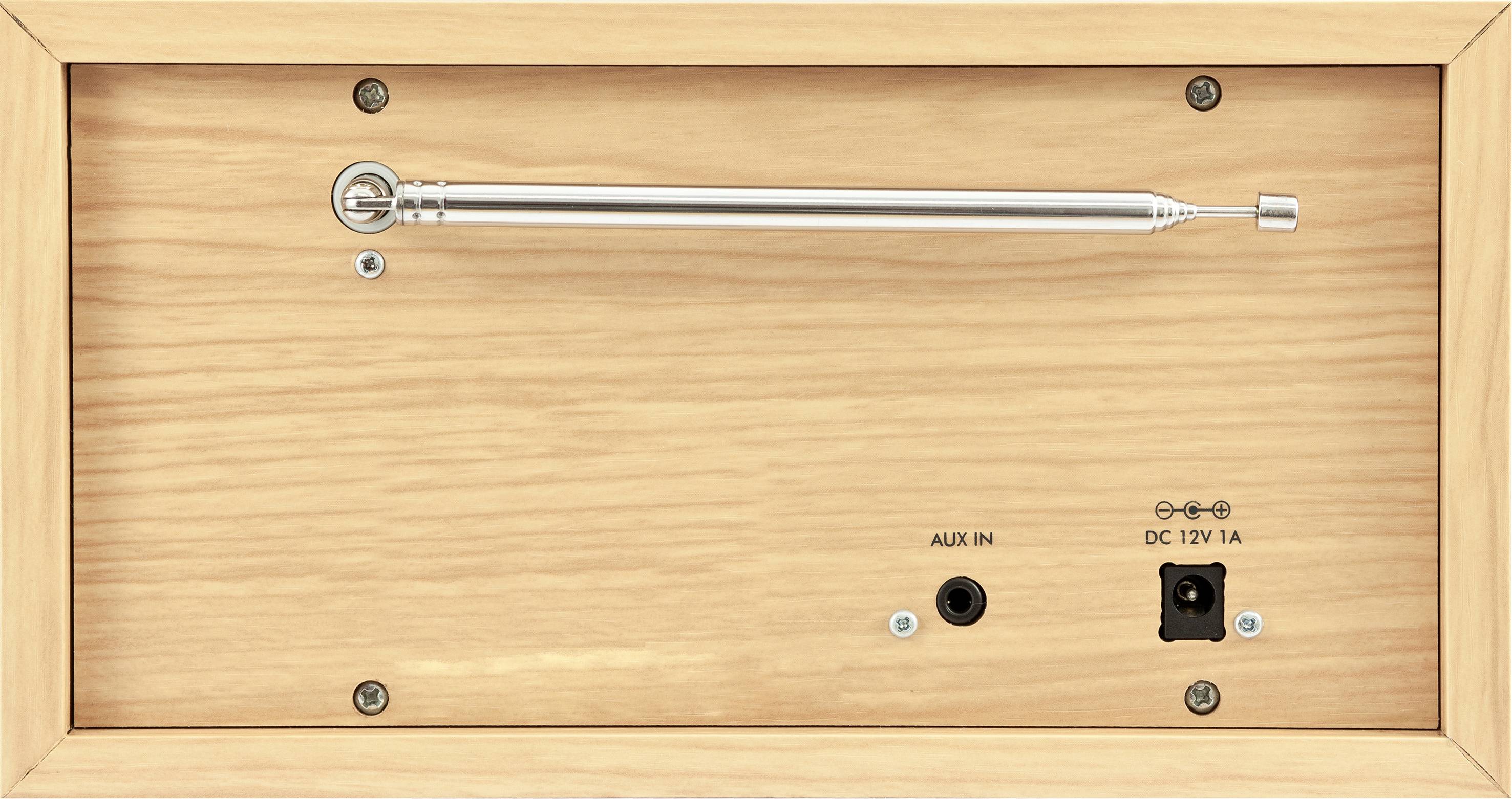 Holzplatte mit Antenne und Anschlüssen: AUX IN und DC 12V 1A.