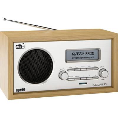 Ein Retro-Radio in Holzoptik mit digitalem Display zeigt 'Klassik Radio: Beethoven Symphonie Nr. 9'. Links Lautsprecher, rechte Tastenleiste.