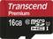 Schwarze microSD Speicherkarte 'Transcend Premium' mit rotem Aufdruck, 16GB Speicherkapazität, Geschwindigkeitsklassen 10 und UHS-I.