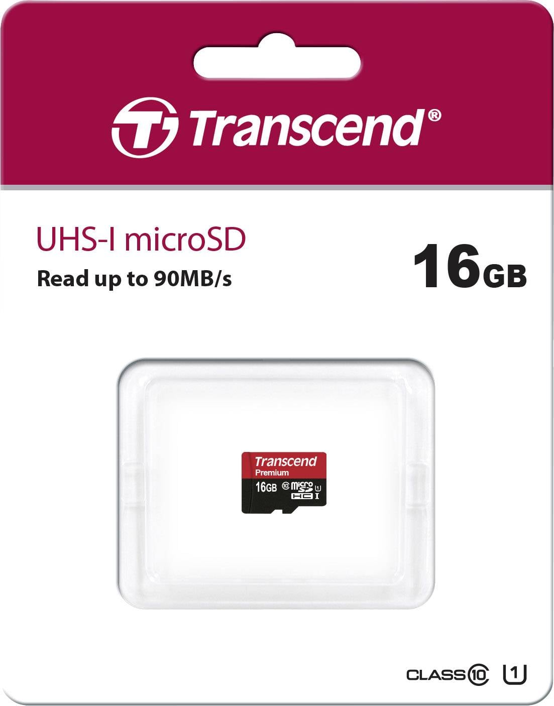 'Transcend UHS-I microSD' Karte in Verpackung, 16GB Kapazität, Lesegeschwindigkeit bis zu 90MB/s, Klasse 10.