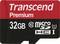 Transcend microSD-Karte, 32GB, Klasse 10, Premium-Edition, mit roten und schwarzen Designelementen und Spezifikationen.