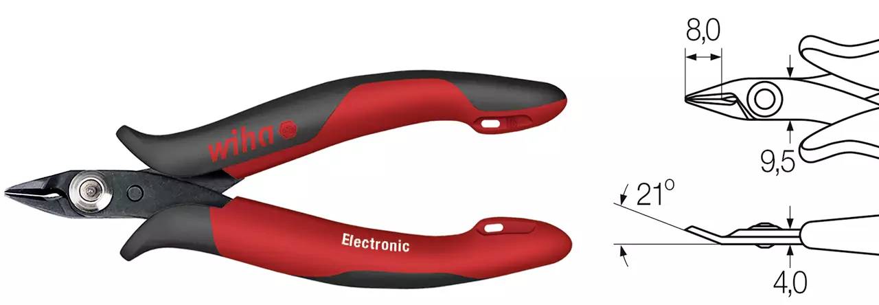 Eine rote und schwarze Wiha-Elektronikzange mit technischen Zeichnungen, die Maße von 8,0 mm Höhe, 21° Winkel und 9,5 mm Breite zeigt.