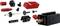 Mehrere schwarze und rote Lego-Technik-Teile, darunter Zahnräder, Pfeifenelemente und ein Motorblock, auf hellem Hintergrund.