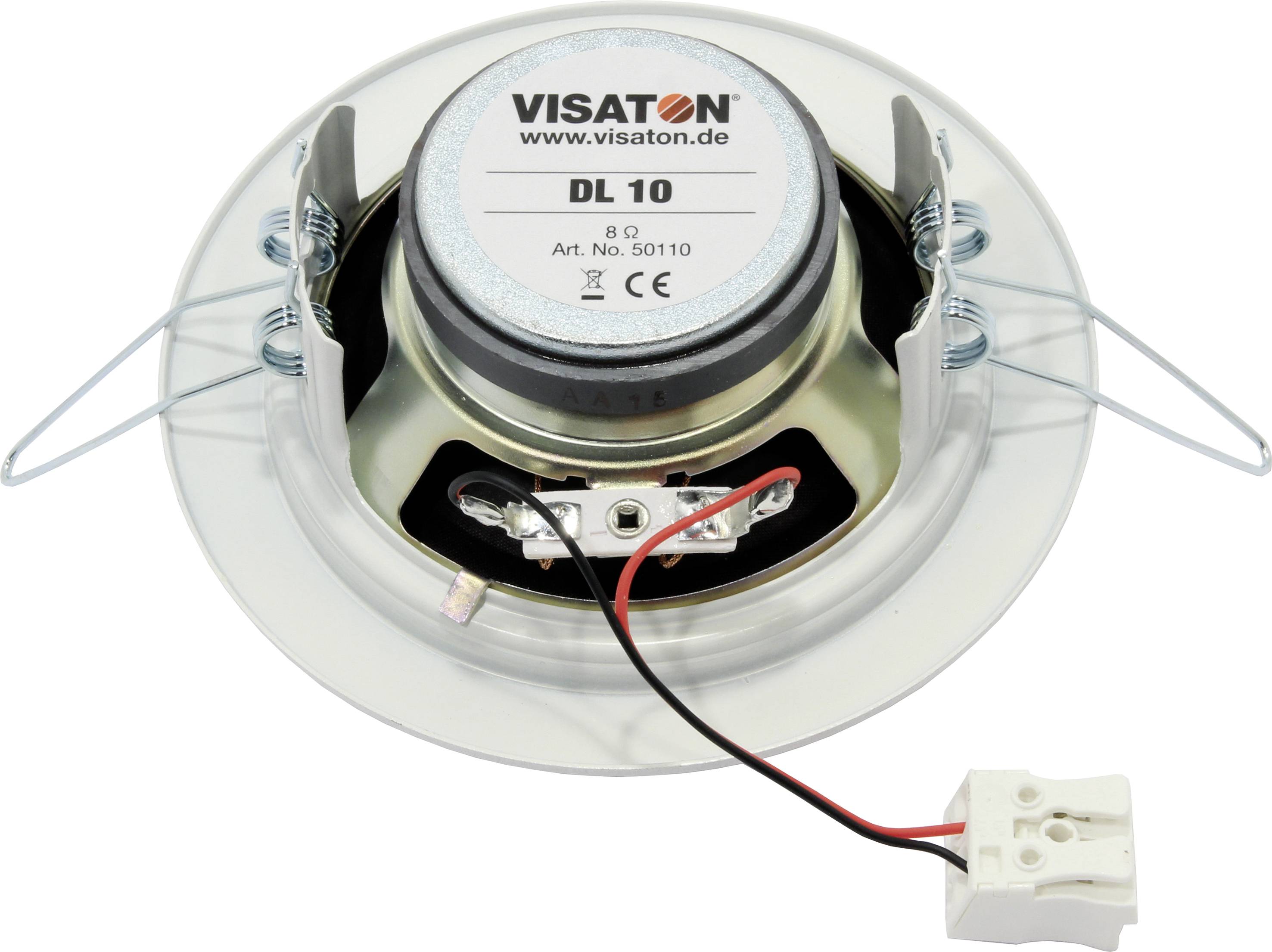Ein runder Lautsprecher zum Einbau, Marke Visaton, Modell DL 10, mit Anschlusskabeln und Halterungen, gezeigt von der Rückseite.