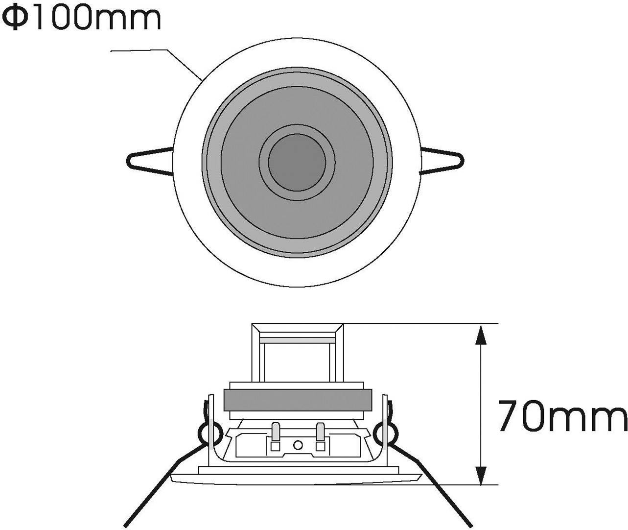 Abmessungen eines runden Einbaustrahlers; Durchmesser 100 mm, Höhe 70 mm, seitliche Ansicht mit Befestigungsdetails.