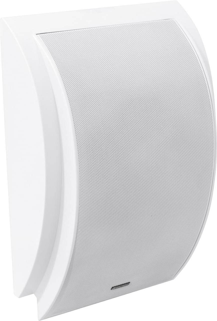 Weiße, wandmontierte Lautsprecherbox mit gebogener Oberfläche und feinem Gittermuster. Geeignet für moderne Innenräume.
