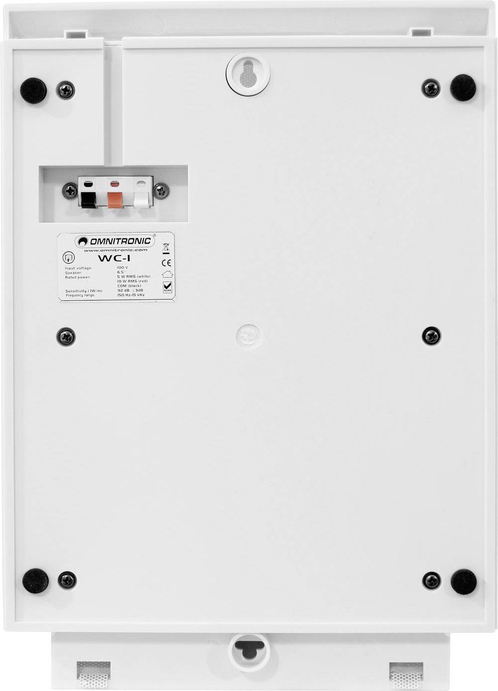 Rückseite eines rechteckigen Omnitronic WC-1 Gehäuses mit mehreren Montagepunkten und einem Anschlussbereich oben links.