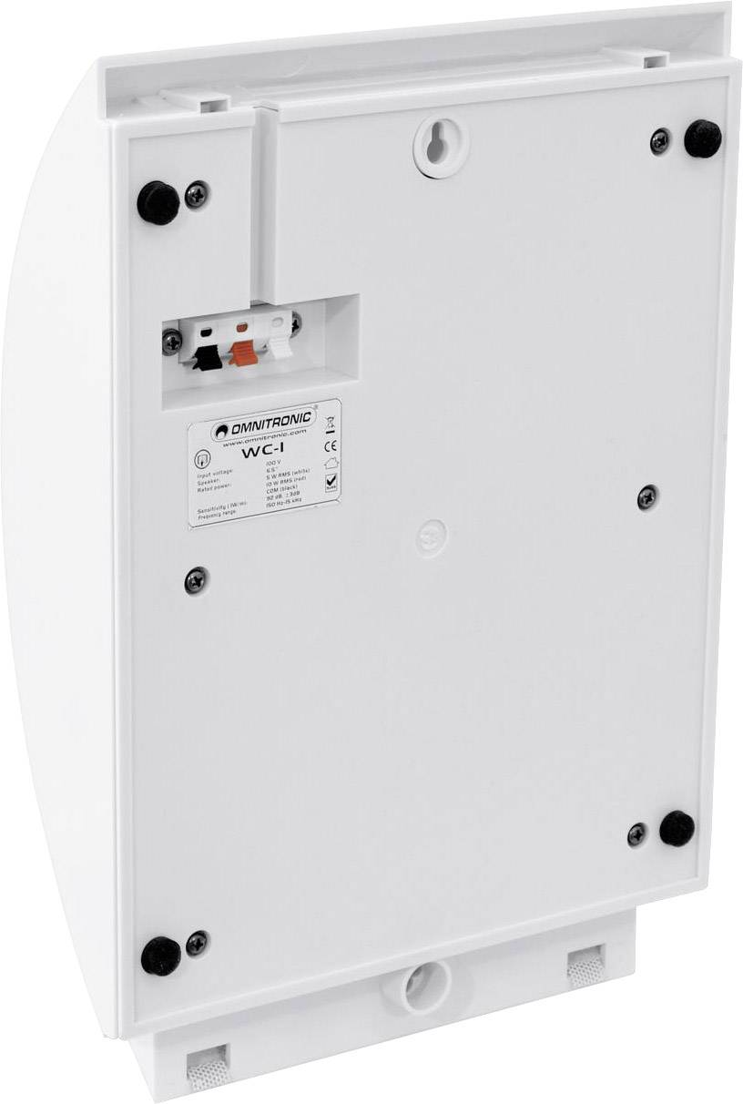 Ein weißes, rechteckiges Gerät mit der Beschriftung 'Omnitronic WC-1'. An der Rückseite sind Anschlüsse und Montagepunkte sichtbar.