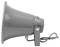 Ein grauer, seitlich abgebildeter Lautsprecher mit Kabelanschluss, der an einer Halterung befestigt ist.