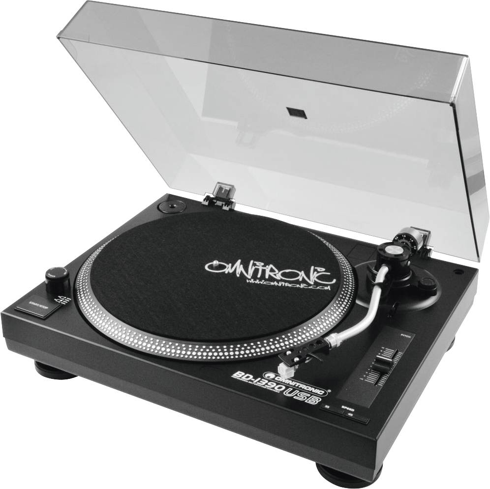 Ein schwarzer Plattenspieler mit transparentem Deckel, Tonarm und einer Platte auf dem Teller, zeigt die Aufschrift 'OMNITRONIC'.