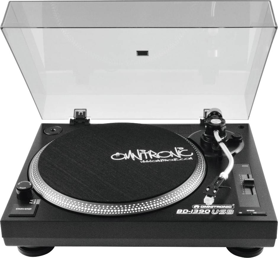 Ein schwarzer Schallplattenspieler mit geöffnetem transparentem Deckel, Tonarm rechts positioniert, Logo 'Omnitronic' auf der Slipmat.