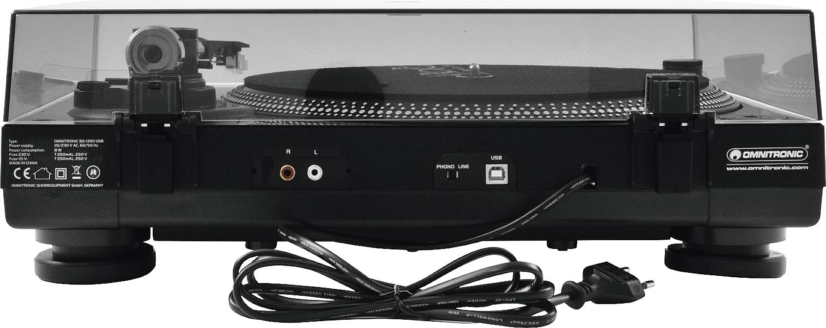 Plattenspieler mit geschlossenem Deckel und Kabeln im Vordergrund. Markenlogo und Audioeingänge sichtbar.