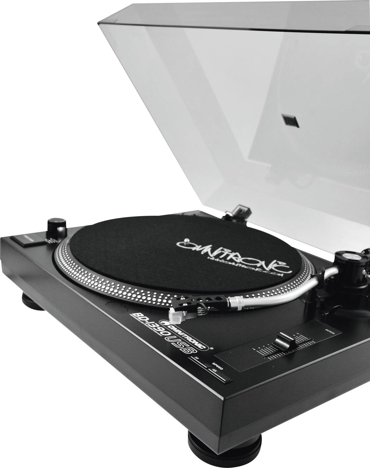 Schwarzer Plattenspieler mit transparentem Deckel, erkennbar sind Filzmatte und Tonarm.