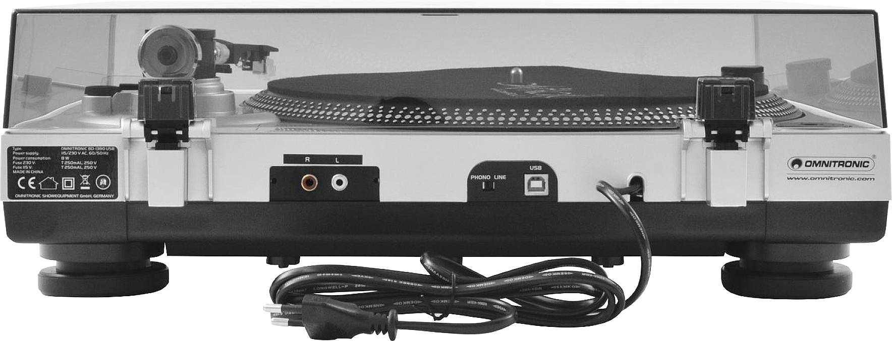 Plattenspieler von hinten mit Netzstecker, Audioanschlüssen und Markenzeichen, geeignet für analoge Audioverbindung.