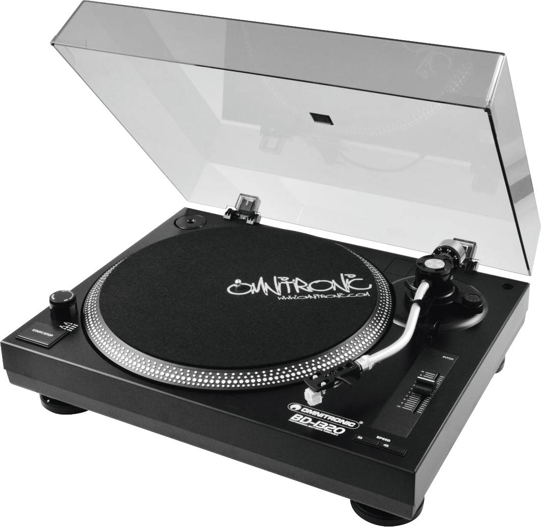 Ein schwarzer Plattenspieler mit durchsichtigem Deckel, markiert mit 'Omnitronic'.