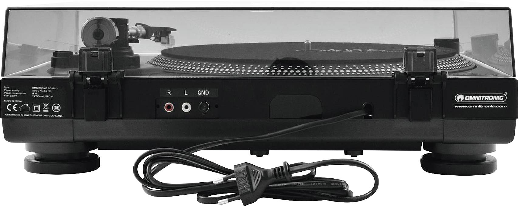 Plattenspieler von hinten mit RCA-Anschlüssen und Netzkabel.