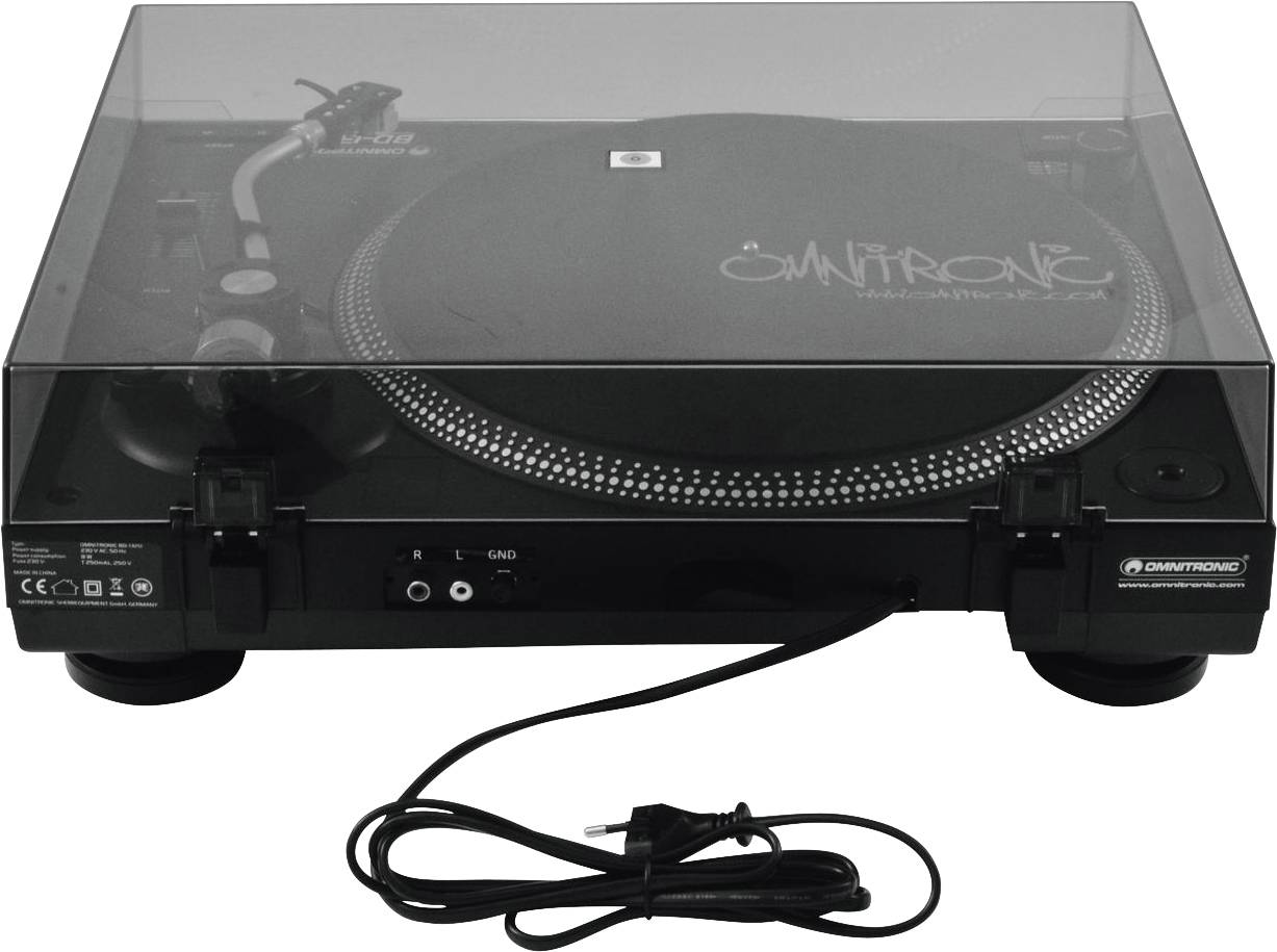 Plattenspieler mit transparenter Abdeckung, Markenname 'Omnitronic' sichtbar, Netzkabel vorne liegend.