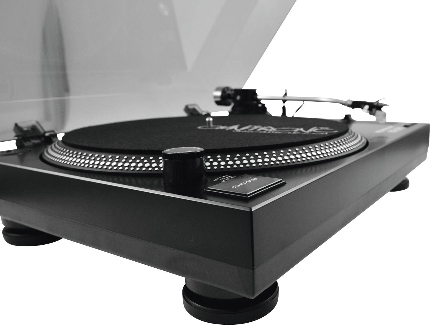 Ein schwarzer Plattenspieler mit offenem Deckel und einer runden, mit Noppen besetzten Platte, bereit zur Wiedergabe von Schallplatten.