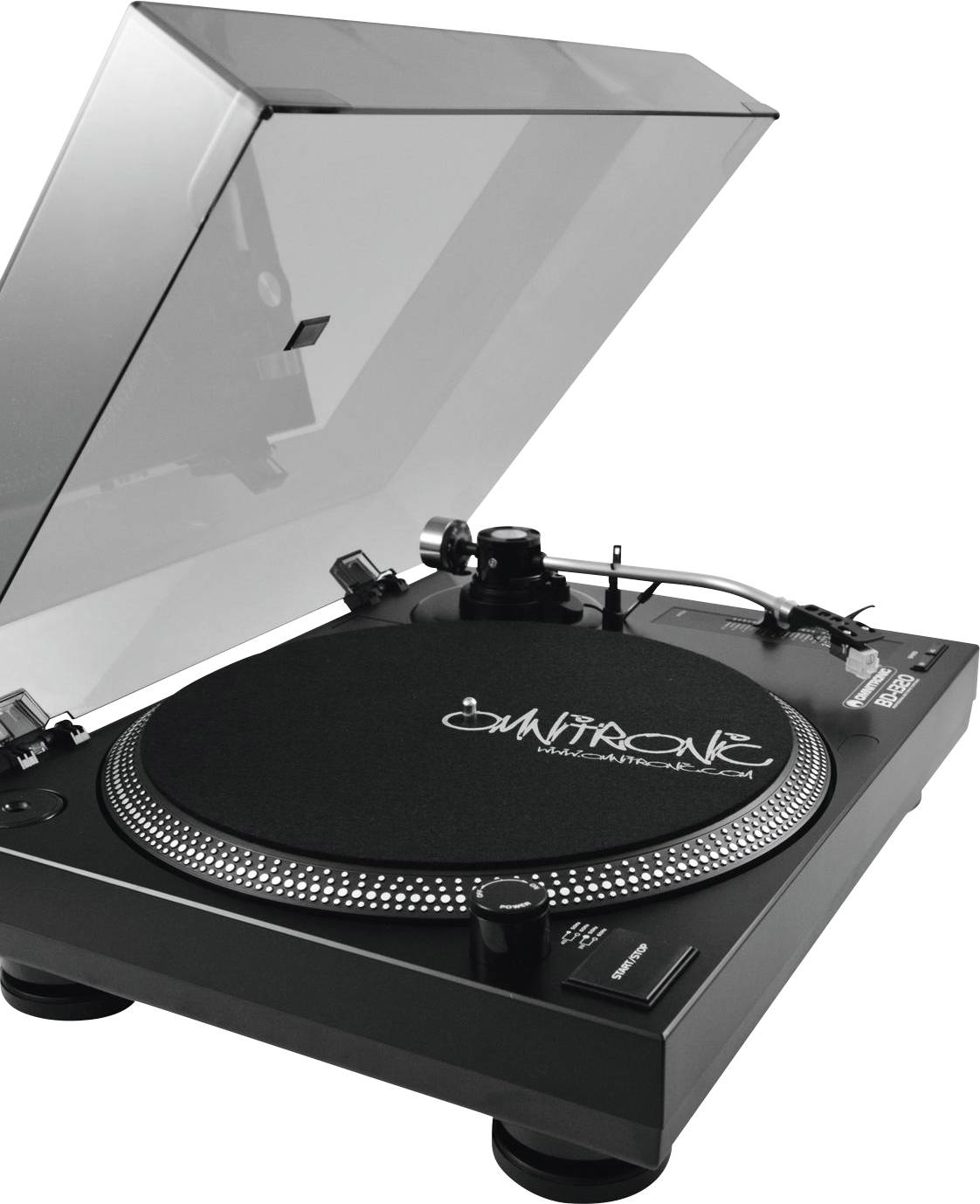 Plattenspieler mit transparentem Deckel in geöffneter Position, schwarzes Gehäuse und Klangregelungselemente auf dem Vorderteil.
