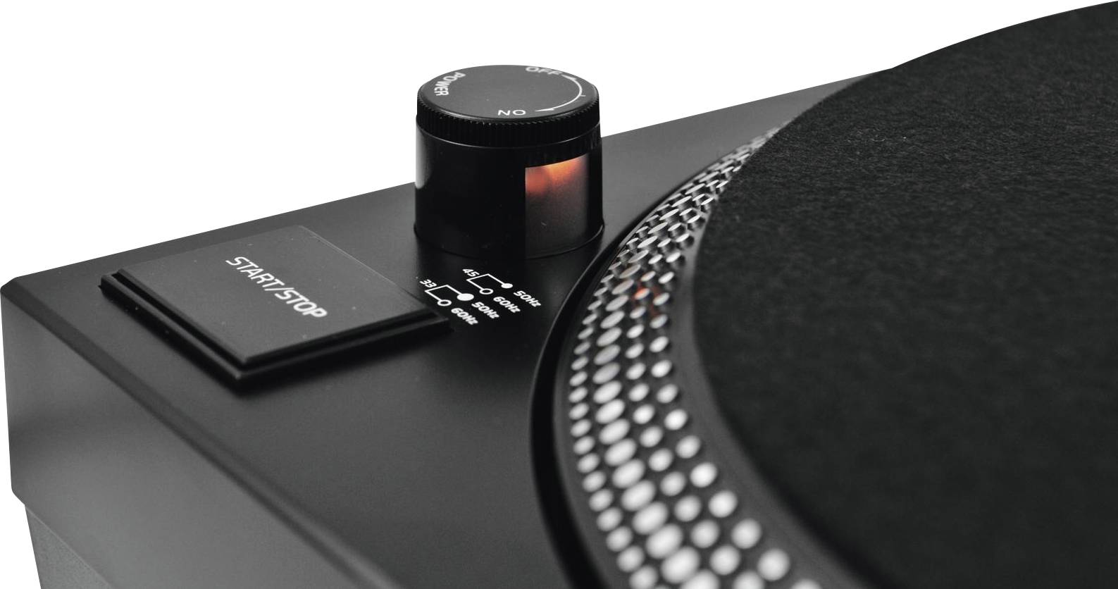 Nahaufnahme eines Plattenspielers mit Geschwindigkeitsregler und rote Anzeigeleuchte.