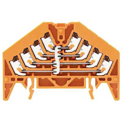Ein orangefarbener Kunststoff-Terminalblock mit metallischen Anschlüssen, die in zwei parallelen Reihen angeordnet sind. Der Block ist für elektrische Kabelverbindungen konzipiert.