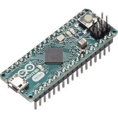Arduino Micro Mikrocontroller-Board mit USB-Anschluss und Stiftleisten auf weißem Hintergrund.