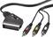 Scart-auf-Cinch-Kabel mit einem Scart-Stecker und drei Cinch-Steckern: rot, gelb, weiß, zur Verbindung von Video- und Audiogeräten.