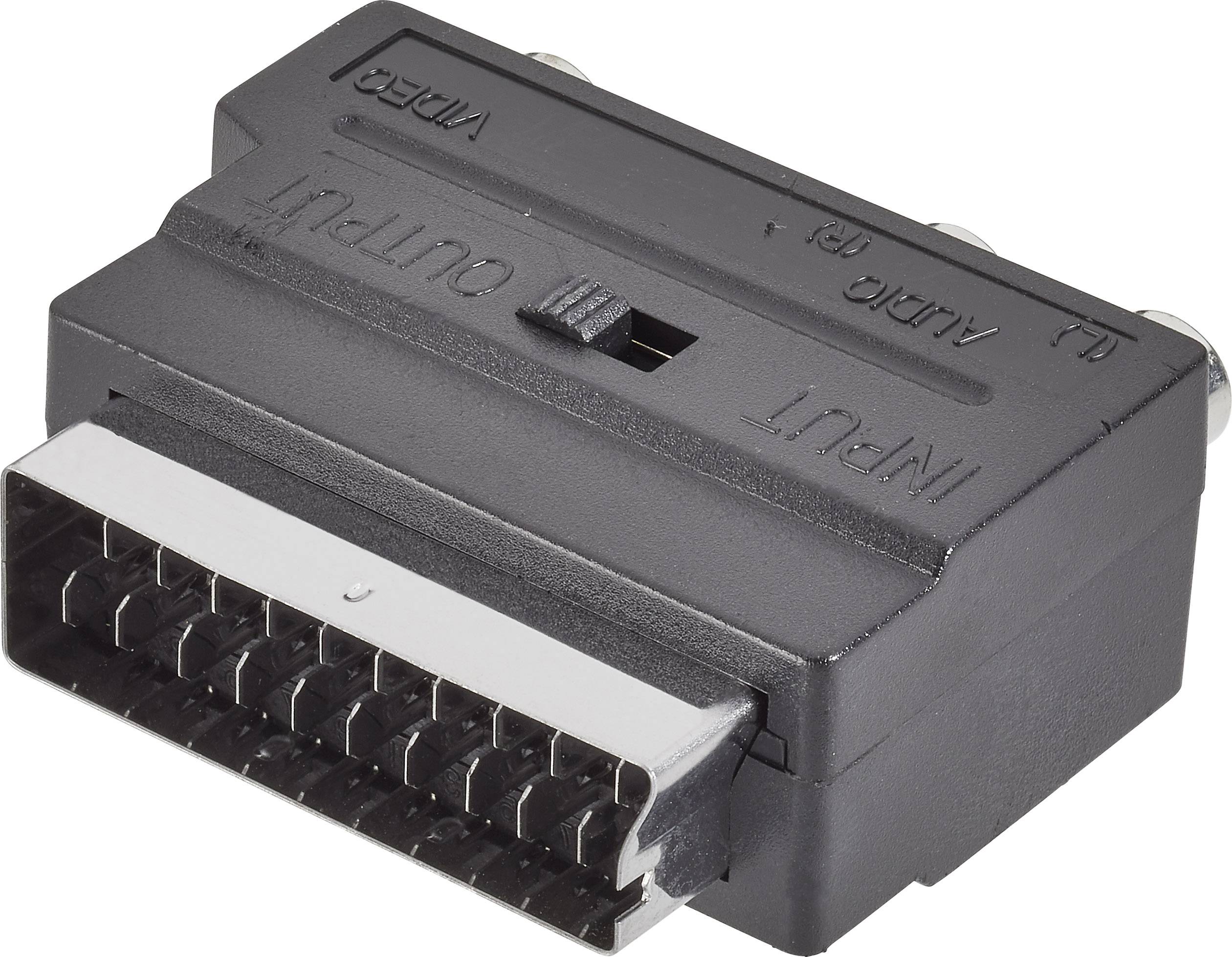 Ein schwarzer SCART-Adapter mit Umschalter zeigt 'Input' und 'Output' an. Adapter für Audio- und Videosignale.