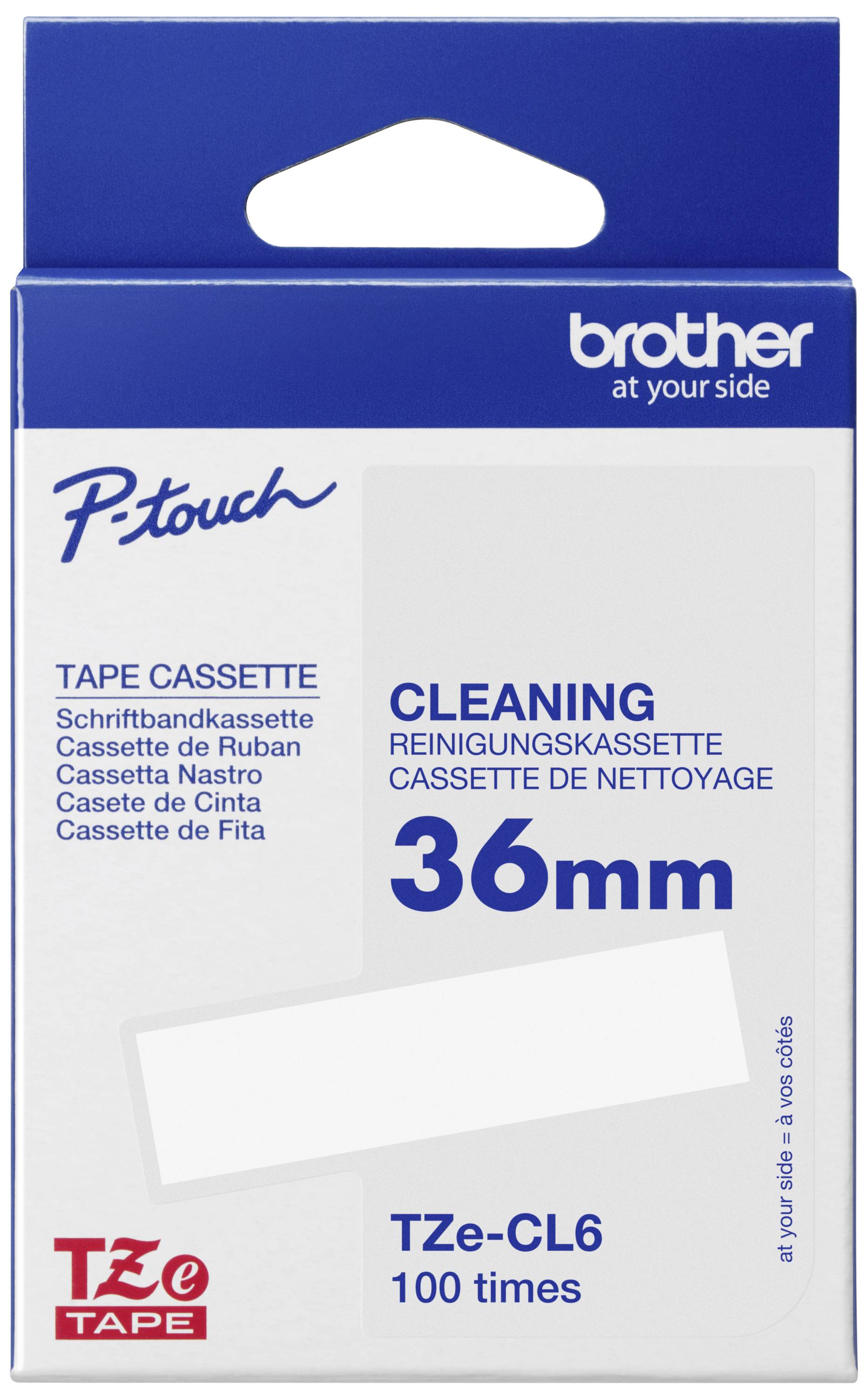 Verpackung einer Reinigungskassette für P-Touch-Beschriftungsgeräte, 36 mm Breite, geeignet für 100 Anwendungen.