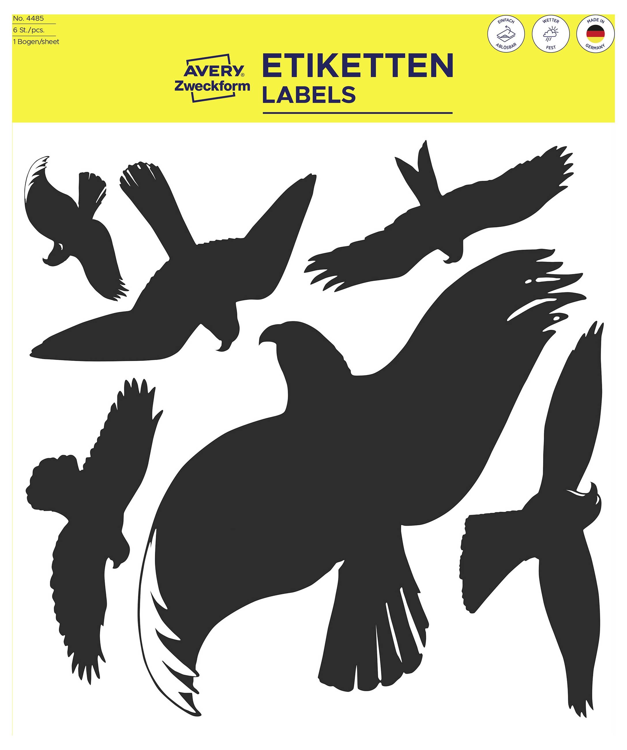 'Etiketten Labels' Cover mit Silhouetten von sechs fliegenden Vögeln vor gelbem Hintergrund, die verschiedene Vogelposen und -dynamiken darstellen.