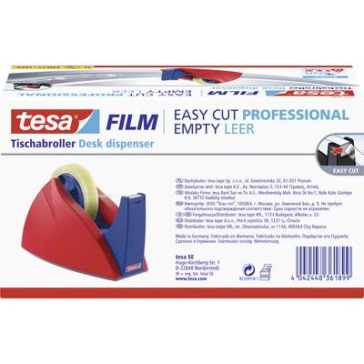 'tesa Film' Tischabroller. Verpackung mit rotem Abroller und Klebebandrolle. Text: 'Easy Cut Professional', 'Leer'.