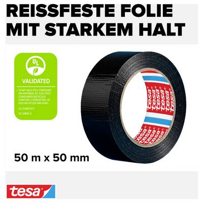 Schwarzes Klebeband mit Etikett 'tesa' auf Rolle, beworben als 'Reißfeste Folie mit starkem Halt'. Maße: 50 m x 50 mm.