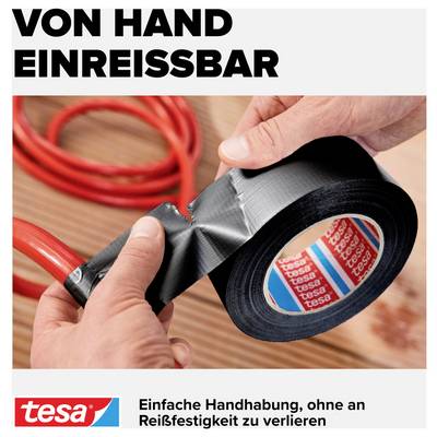 Person zieht ein Stück schwarzes Klebeband von einer Rolle ab. Text oben: 'VON HAND EINREISSBAR'. Unten: 'Einfache Handhabung, ohne an Reißfestigkeit zu verlieren'.