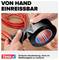 Person zieht ein Stück schwarzes Klebeband von einer Rolle ab. Text oben: 'VON HAND EINREISSBAR'. Unten: 'Einfache Handhabung, ohne an Reißfestigkeit zu verlieren'.