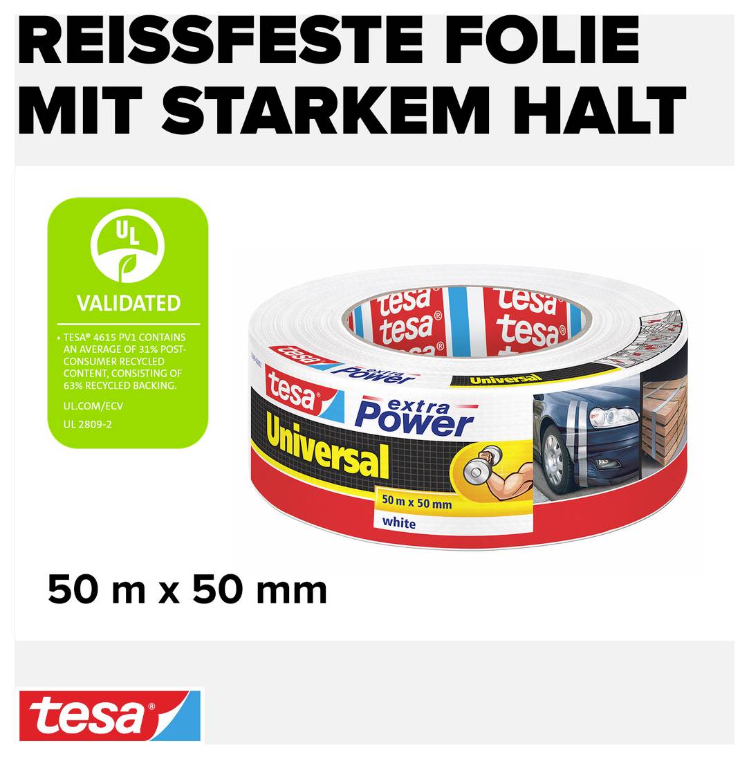 'Rolle Tesa extra Power Universal Tape' mit weißem Band. Verpackungstext: 'Reißfeste Folie mit starkem Halt.' Maße: 50 m x 50 mm.