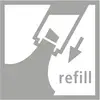 Ein Symbol zeigt einen grauen Pfeil, der auf eine Öffnung zeigt. Daneben steht 'refill', was auf eine Nachfüllmöglichkeit hinweist.