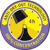 'Logo mit Text: Anti-Dry-Out Technology, 100 % Concentration, 4h'. Zeigt eine stilisierte Uhr mit Tropfensymbol.