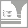 '2 mm' und '5 mm' sind in weißen Ziffern auf grauem Hintergrund dargestellt, um eine Tiefenangabe oder Messung zu veranschaulichen.