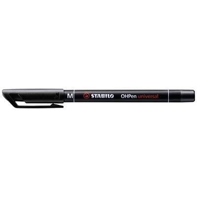 Schwarzer Stift mit Kappe und Clip, Aufschrift 'STABILO OhPen universal' in Rot und Weiß, Größe 'M'.