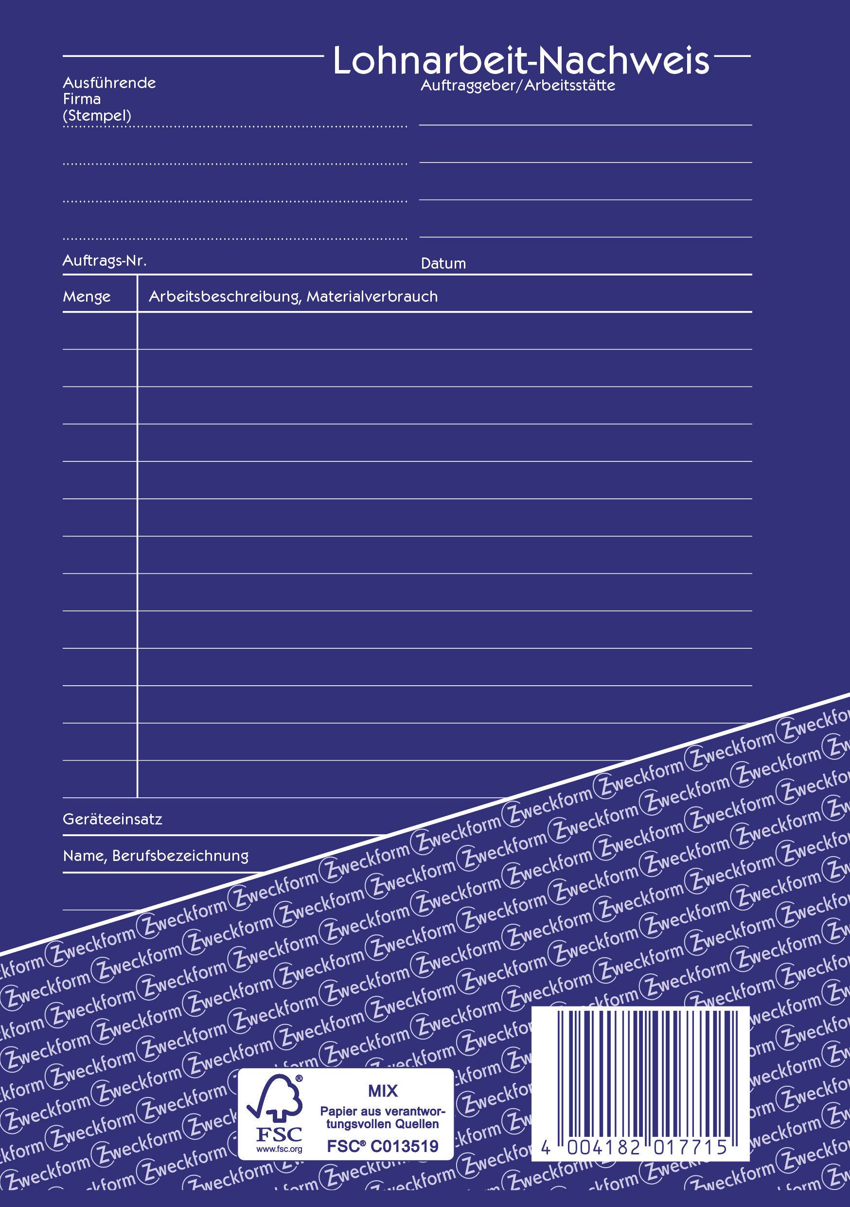 'Formular zur Lohnarbeit-Nachweis: Felder für Auftrag, Menge, Materialverbrauch und Unterschrift. Enthält FSC-Zertifizierungssiegel.'
