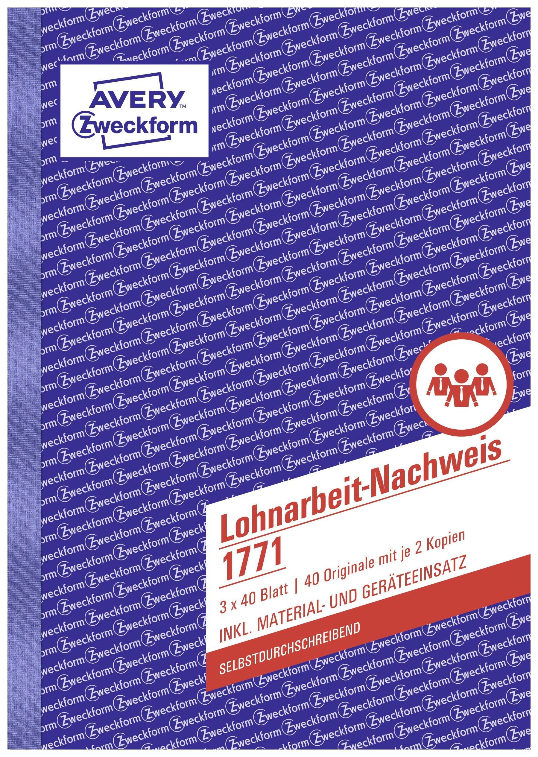 Ein Formular für Lohnarbeit-Nachweis mit der Nummer 1771 von Avery Zweckform, enthält 40 Originale mit je 2 Kopien, inkl. Material- und Geräteeinsatz.