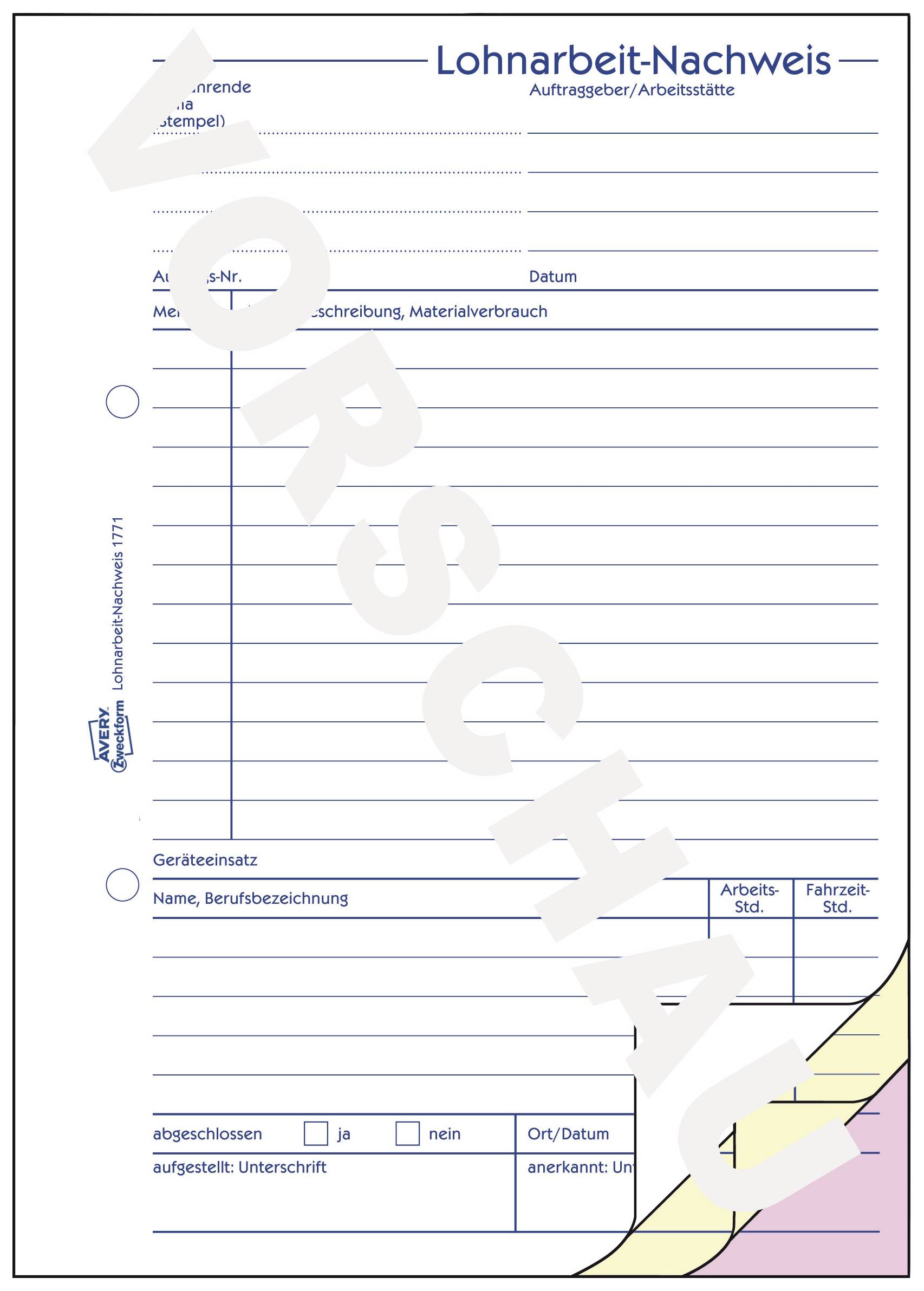 'Formular für Lohnarbeit-Nachweis' mit Feldern für Auftraggeber, Datum, Tätigkeit, Materialverbrauch, und Unterschrift.