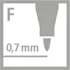 'F' und '0,7 mm' in einem grauen Quadrat mit stilisierter Stiftspitze; symbolisiert eine feine Stiftspitze.