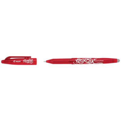 Roter Kugelschreiber mit der Aufschrift 'Pilot Frixion Ball'. Kappe und Spitze sichtbar, Tintenroller mit integriertem Radierer.