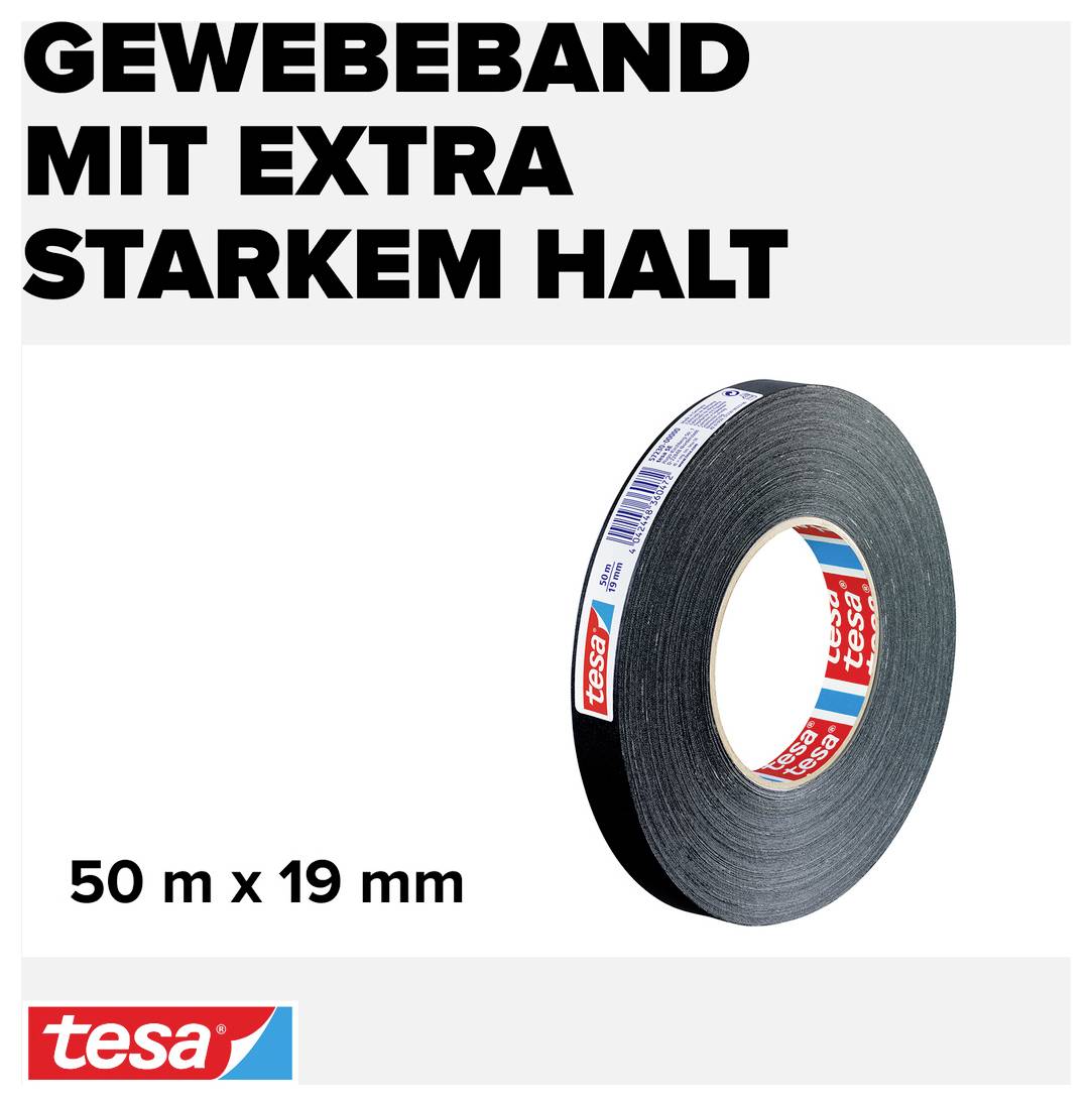 'Gewebeband mit extra starkem Halt' in großer Schrift; Bild eines schwarzen Klebebands. Maße: 50 m x 19 mm. Marke: tesa.