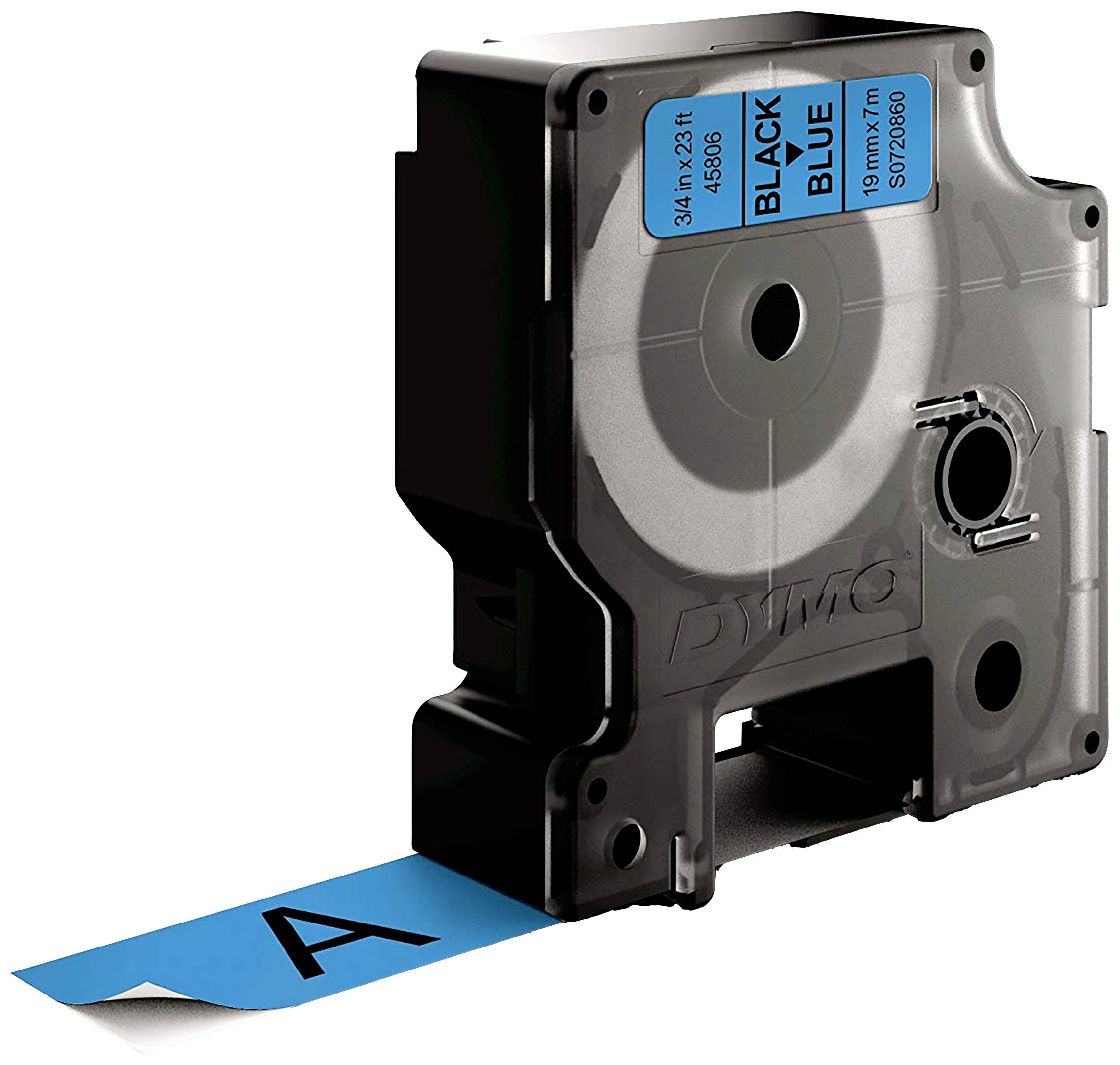 Kassette mit blauem Etikettenband. Das Etikett zeigt 'BLACK BLUE' und 'DYMO'. Bandbreite: 19mm, Länge: 7m. Buchstabe 'A' auf dem Band.