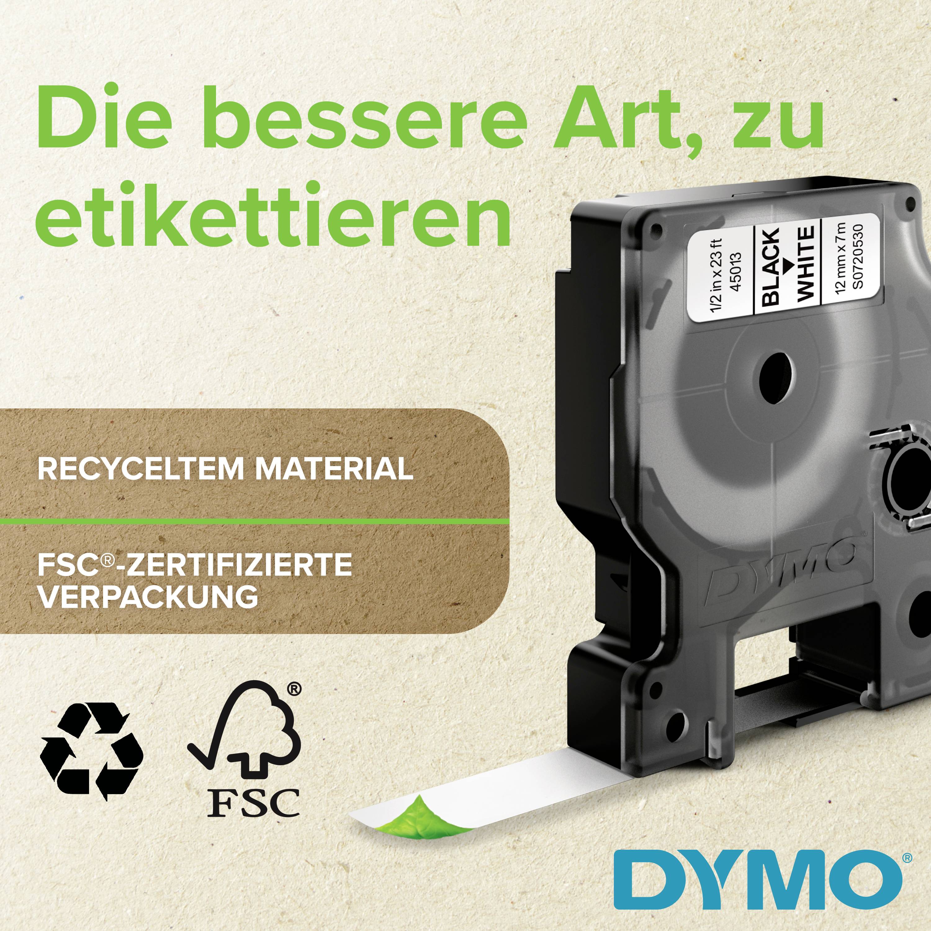 'Dymo Etikettendrucker mit recyceltem Material. FSC-zertifizierte Verpackung für umweltfreundliches Etikettieren.'