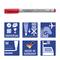 Roter, nicht-permanenter Stift von STAEDTLER 'Lumocolor'. Symbole zeigen Anwendungen: universell, sicherer Flug, produziert in Deutschland.